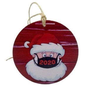 Santa Claus with Face Mask Wood Planks Dated 2020 Round Christmas Ornament 3 in